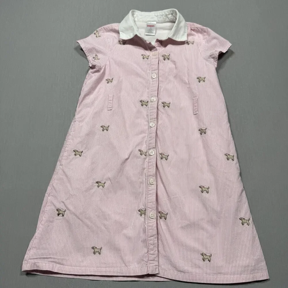 Gymboree Pink Striped Puppy Dog Bow Button Front Shirt Dress Girls Size 6 Golden